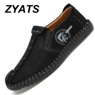 ZYATS Kulit Men's Flats Sepatu Moccasin Casual Loafers Slip-On Besar Ukuran 38-46 Hitam