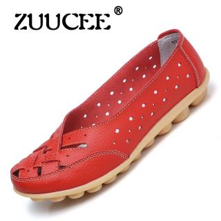 ZUUCEE Sarang Burung Lubang Her Datar Sandal Sandal Musim Panas Sepatu Peas Sepatu Kulit Kasual Wanita Mid-size Kode Ibu Sepatu (merah)