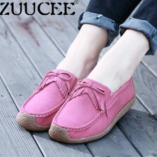 Zuucee Ukuran Besar Renda-Hingga Sepatu Wanita Tunggal Sepatu Kulit Suede Datar Sepatu (Merah Muda)-Internasional