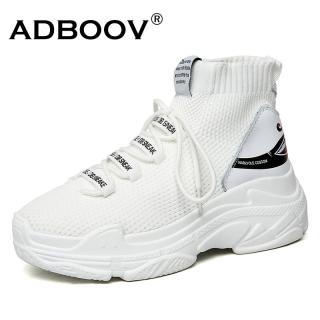 ADBOOV High Top Homens Mulheres Sneakers 5 cm Sola Grossa Sapatos Meia Malha Vamp Sapato Respirável Sapatos do Pai Branco Preto feminino