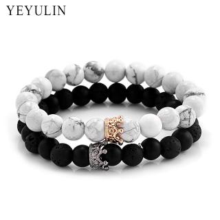 Trendy Black White Stone Beads com Ouro Prata Cor Alloy Crown Pulseira Para As Mulheres Homens Casal Pulseiras Jóias