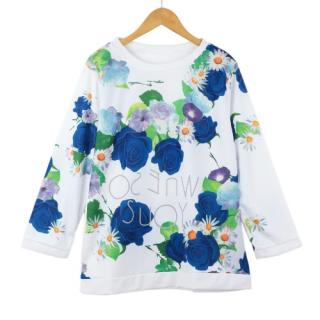 T-shirt casual mulheres Floral impresso O-garganta três quartas manga blusa Tee Tops esporte Pullover camisola