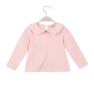 Novo bebê fofo menina t-shirt Peter Pan Collar Keyhole botão manga longa volta doce Top branco/rosa