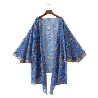 Mulheres Chiffon Vintage Kimono folhas florais Cardigan impressão soltas Casacos Beachwear Bikini Cover Up Azul