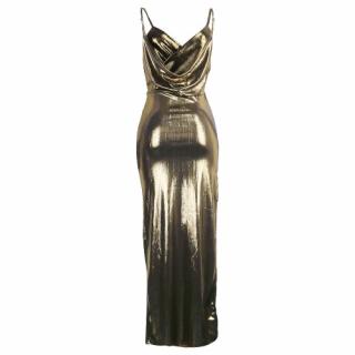 Mulheres Sexy Bandage Maxi Vestido V Neck ajustável Strap Coxa Clubwear Alta Parte Dividir Vestido Prata / Ouro