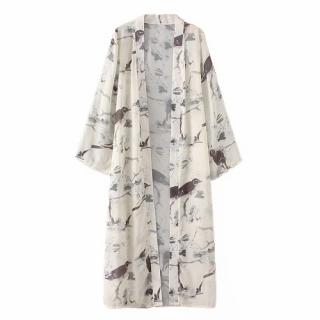 Mulheres Plus Size Pássaro quim impressão Abra Frente longa e fina Praia Oriental Vintage Cover Up Cardigan Bege