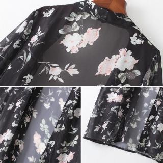 Mulheres Long Chiffon Kimono Cardigan Praia Floral encobrimentos Slit Hem aberta frontal mangas compridas Preto Capa Bikini