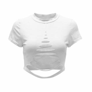 Sexy Women rasgado Buracos Top Curto oco Out T-shirt manga curta Cropped Top shirt preto / branco / rosa