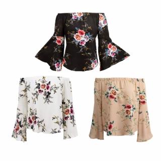 Mulheres fora do ombro Floral Top Print Elastic Corte Long Neck alargamento da luva assimétrica Blusa Top Casual