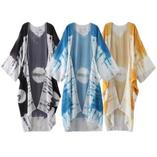 New Mulheres Chiffon Kimono Cardigan Praia Cover Up contraste de impressão longa soltas Casual Blusa Top Branco / Azul / Amarelo