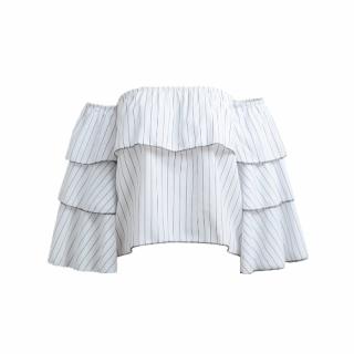 New Moda feminina listrada Blusa Alças Ruffled manga comprida Verão solto Tops T-shirt branco