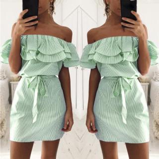 Vestido Mulheres Stripe Imprimir Alças Elastic o Slash Neck Ruffle Hem Tie Casual Partido Beach Wear One Piece