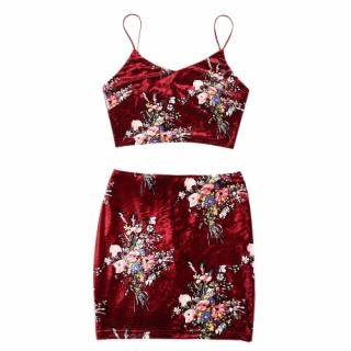 Sexy Cortar Mulheres Velvet Top V Neck mangas duas peças Set Bodycon Pencil Skirt Set Rosa / Brown / cinza