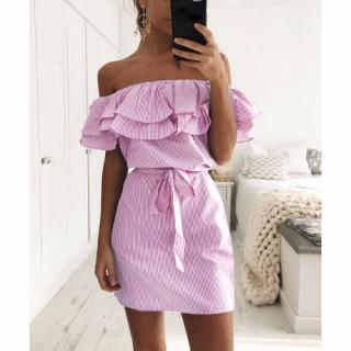 Vestido Mulheres Stripe Imprimir Alças Elastic o Slash Neck Ruffle Hem Tie Casual Partido Beach Wear One Piece