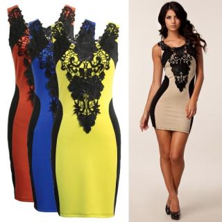 New Fashion Dress Mulheres Floral Contraste Lace mangas Bodycon Mini Casual Bandage Backless One Piece
