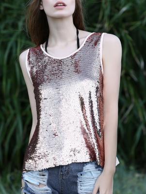 Sequin Spliced Cut Out Round Neck Tank Top