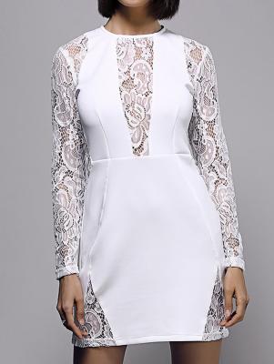 White Lace Spliced Round Neck Long Sleeve Dress