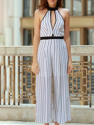 Striped Backless Cut Out Halter Sleeveless Jumpsuit
