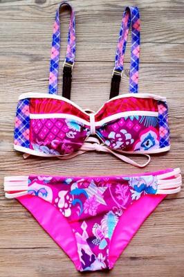 Lace-Up Floral Print Straps Bikini Set