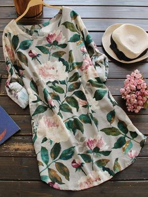 Floral Long Sleeve Linen Blouse Dress