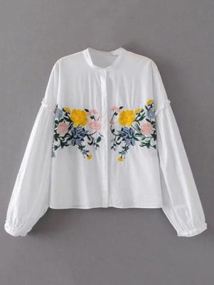 Floral Embroidered Lantern Sleeve Shirt