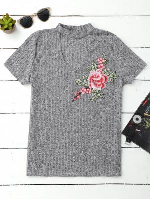 Choker Embroidered Flower Ribbed Top