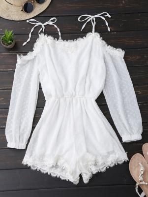 Lace Trim Tie Shoulder Romper With Dot