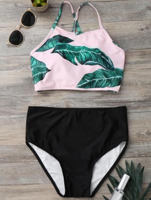 Back Strappy Leaf Print High Cut Bikini Set