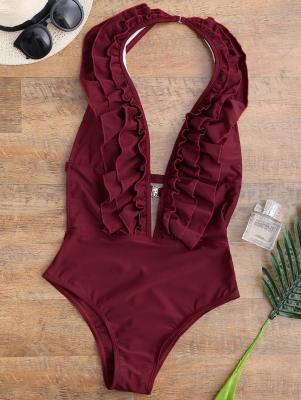 Ruffle Halter Plunge Neck One Piece Swimsuit