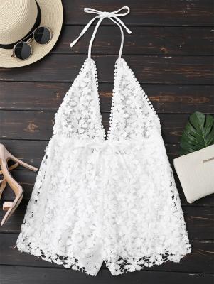 Crochet Plunge Backless Halter Romper