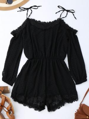 Lace Trim Tie Shoulder Romper With Dot