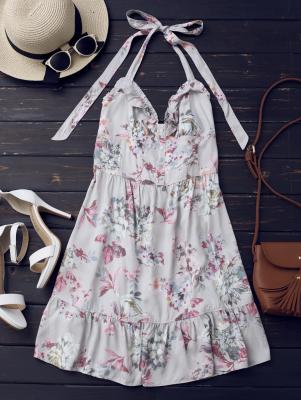 Half Buttoned Ruffles Floral Mini Dress