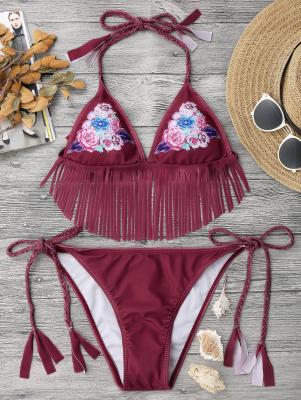 Floral Fringed Braided String Bikini Set