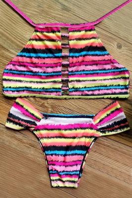 Colored Stripe High Neck Bikini Set