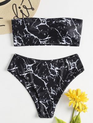 Marble Print High Waisted Bandeau Bikini Set