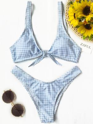 Front Tie Thong Plaid Bikini Set