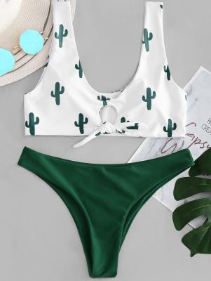 Cactus Print Contrast Knot Bikini Set