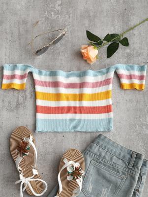 Off Shoulder Striped Crop Knitted Top