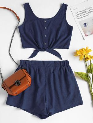 Sleeveless Button Up Crop Top and Shorts Set