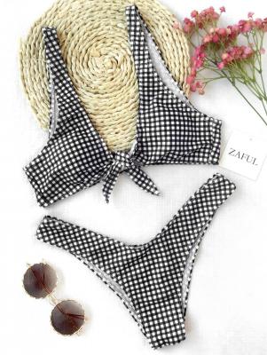 Front Tie Thong Plaid Bikini Set