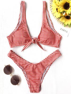 Front Tie Thong Plaid Bikini Set