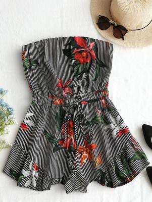 Striped Floral Ruffles Strapless Romper