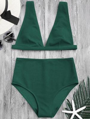 Textured Plunge High Waisted Bikini Set