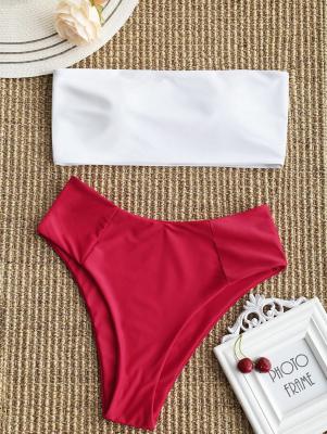 High Cut Two Tone Bandeau Bikini Set