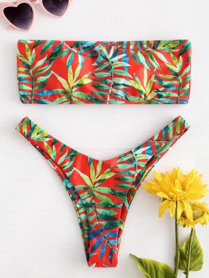 Leaf Print Lace-up Bandeau Bikini Set