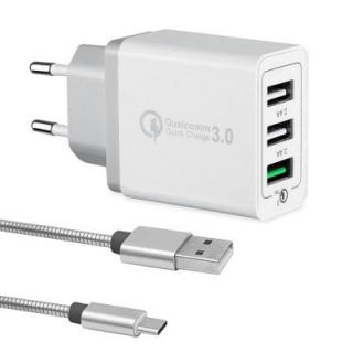 Minismile 42W QC3.0 Quick Charge 3-Port Power Adapter Wall Fast Charger + 3.4A Type-C USB Charging Cable Kit