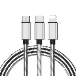 1.25m 3 in 1 Micro USB Type-C 8 Pin Metal Spring Data Charging Cable