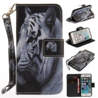 Cover Case for IPhone 5 5S SE The White Tiger PU+TPU Leather with Stand and Card Slots Magnetic Closure