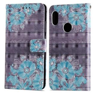 3D Wallet Stand Case for Xiaomi Redmi Note 5 Pro Blue Flower Pattern