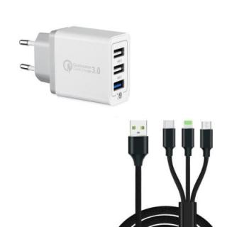 30W 3 Port Fast Quick Charge QC 3.0 USB Wall Charger +  3 in 1 Type-C + 8 Pin + Micro USB Data Charging Cable